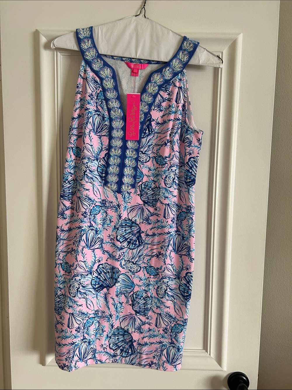 Lilly Pulitzer Sleeveless Pink & Blue Shell-Print Shift Dress